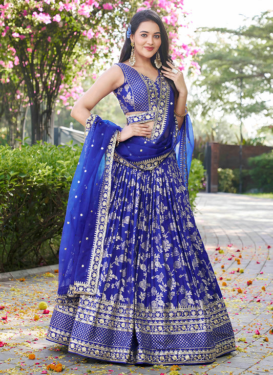 Royal Blue Zari Dola Silk Jacquard Embroidered Wedding Lehenga Choli Set