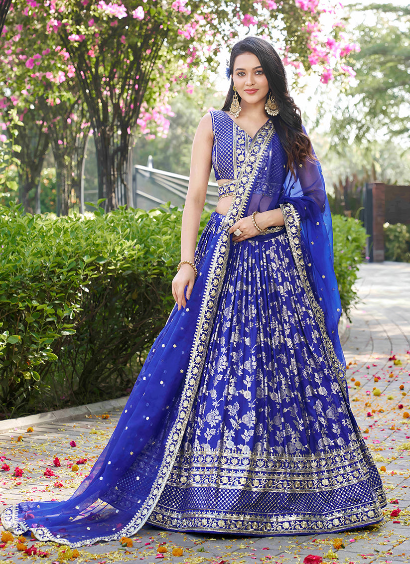 Royal Blue Zari Dola Silk Jacquard Embroidered Wedding Lehenga Choli Set