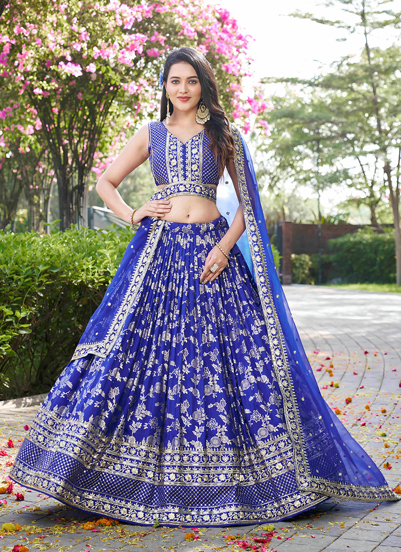 Royal Blue Zari Dola Silk Jacquard Embroidered Wedding Lehenga Choli Set