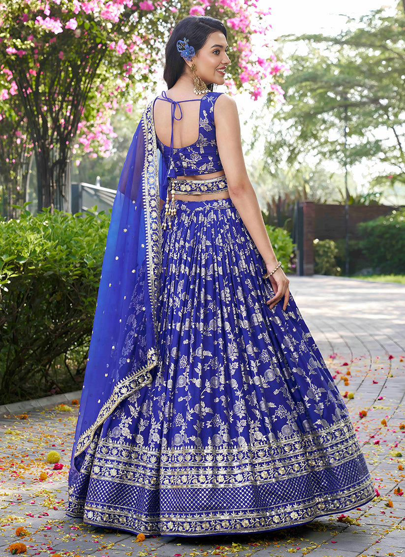 Royal Blue Zari Dola Silk Jacquard Embroidered Wedding Lehenga Choli Set