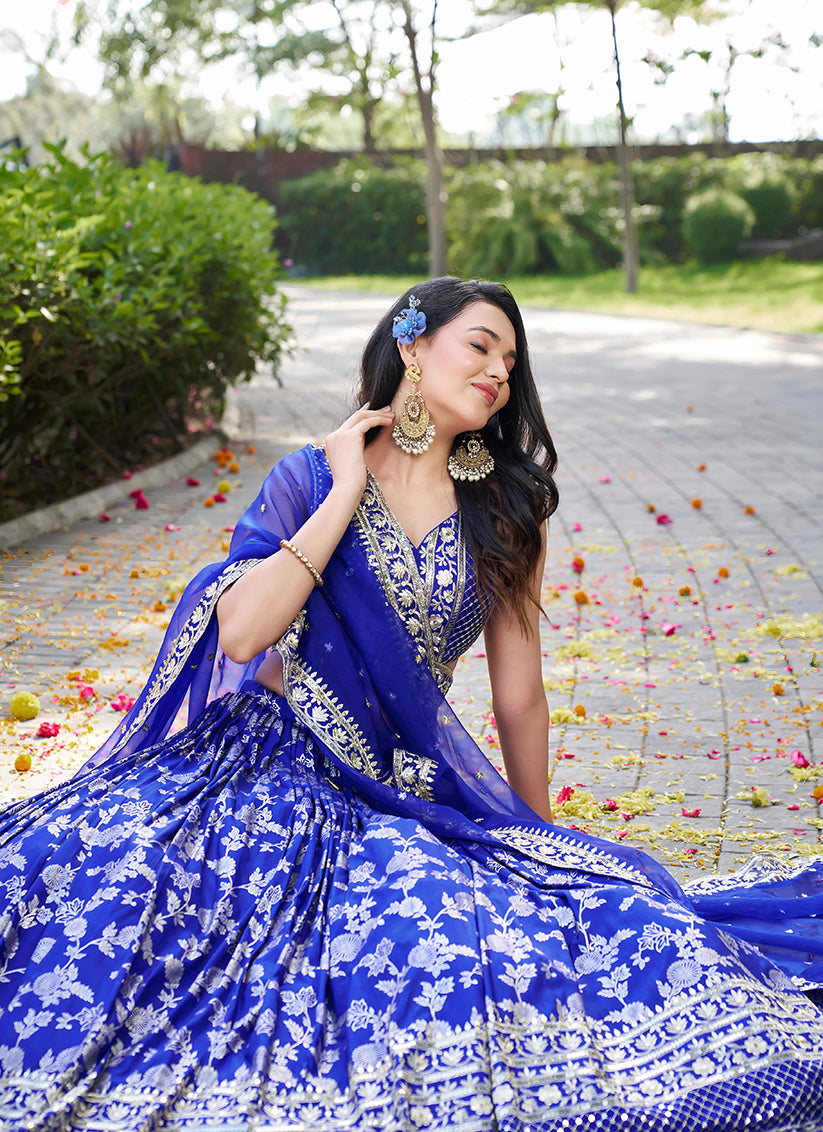Royal Blue Zari Dola Silk Jacquard Embroidered Wedding Lehenga Choli Set
