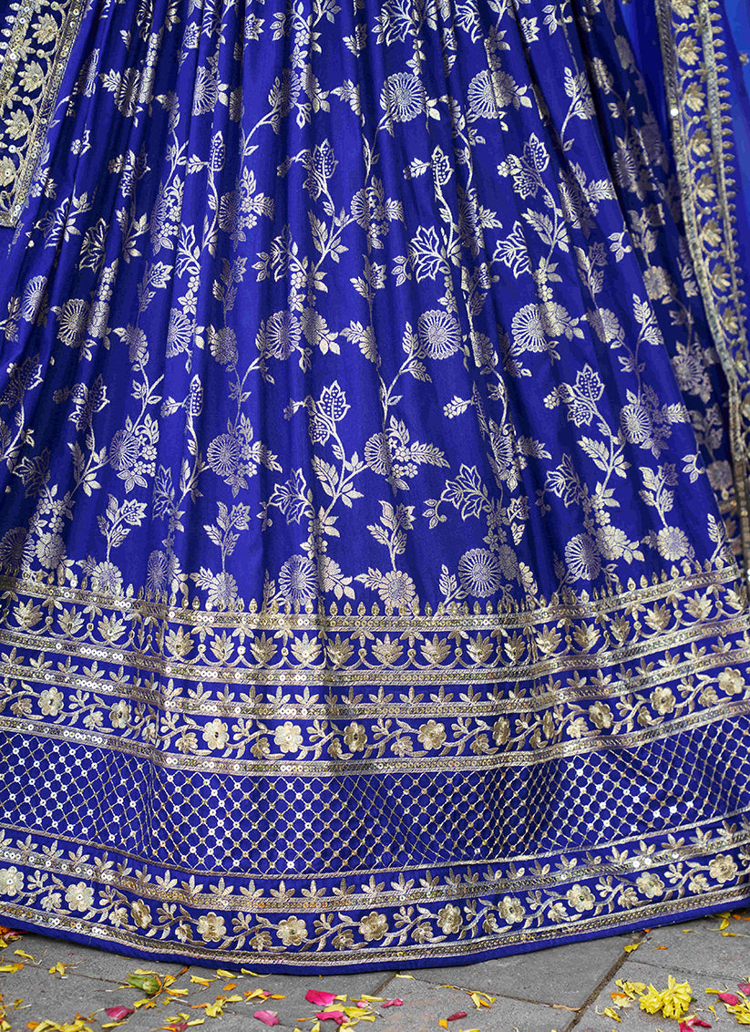 Royal Blue Zari Dola Silk Jacquard Embroidered Wedding Lehenga Choli Set