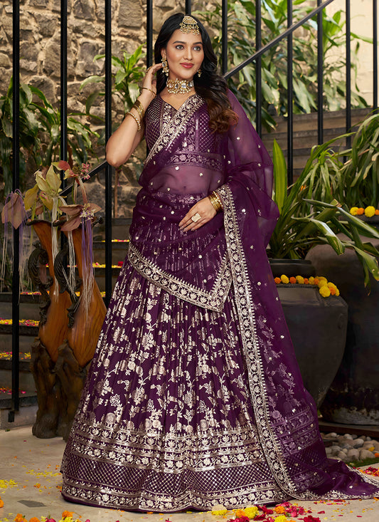 Burgundy Zari Dola Silk Jacquard Embroidered Wedding Lehenga Choli Set