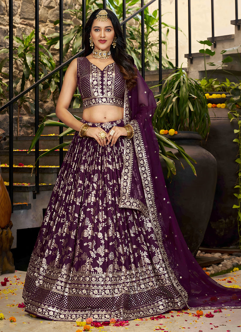 Burgundy Zari Dola Silk Jacquard Embroidered Wedding Lehenga Choli Set