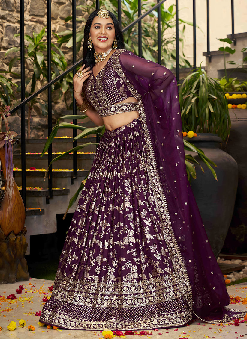 Burgundy Zari Dola Silk Jacquard Embroidered Wedding Lehenga Choli Set