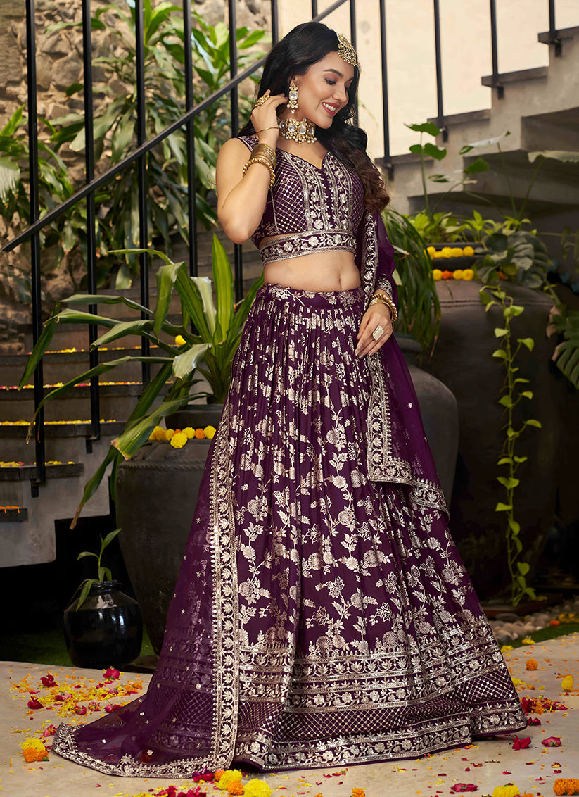 Burgundy Zari Dola Silk Jacquard Embroidered Wedding Lehenga Choli Set