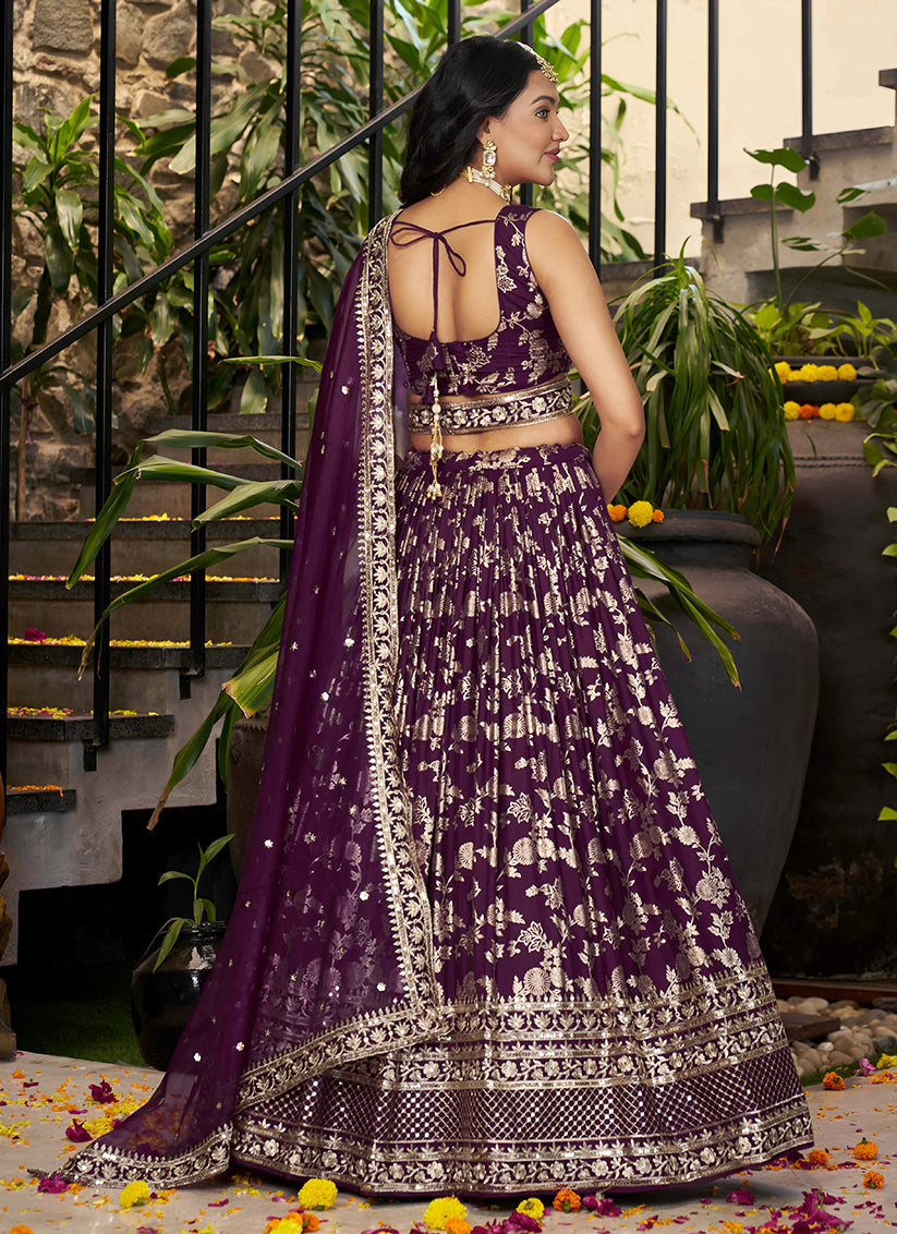 Burgundy Zari Dola Silk Jacquard Embroidered Wedding Lehenga Choli Set