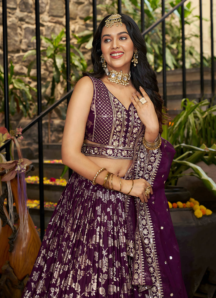 Burgundy Zari Dola Silk Jacquard Embroidered Wedding Lehenga Choli Set