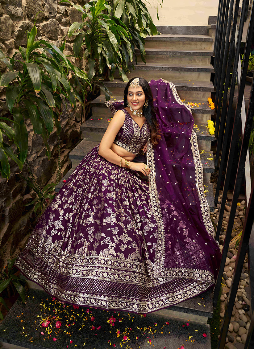 Burgundy Zari Dola Silk Jacquard Embroidered Wedding Lehenga Choli Set