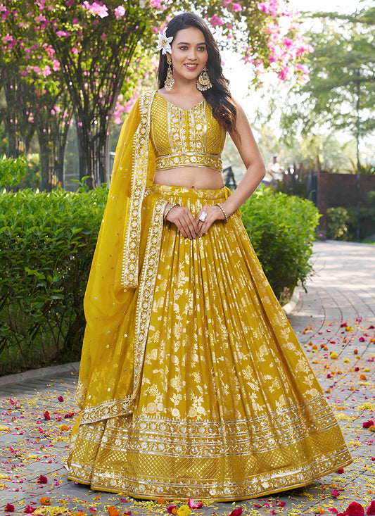 Maize Yellow Zari Dola Silk Jacquard Embroidered Wedding Lehenga Choli Set