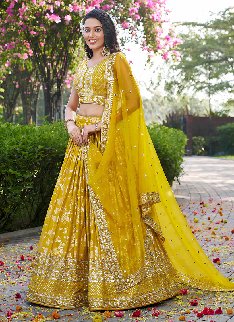 Maize Yellow Zari Dola Silk Jacquard Embroidered Wedding Lehenga Choli Set