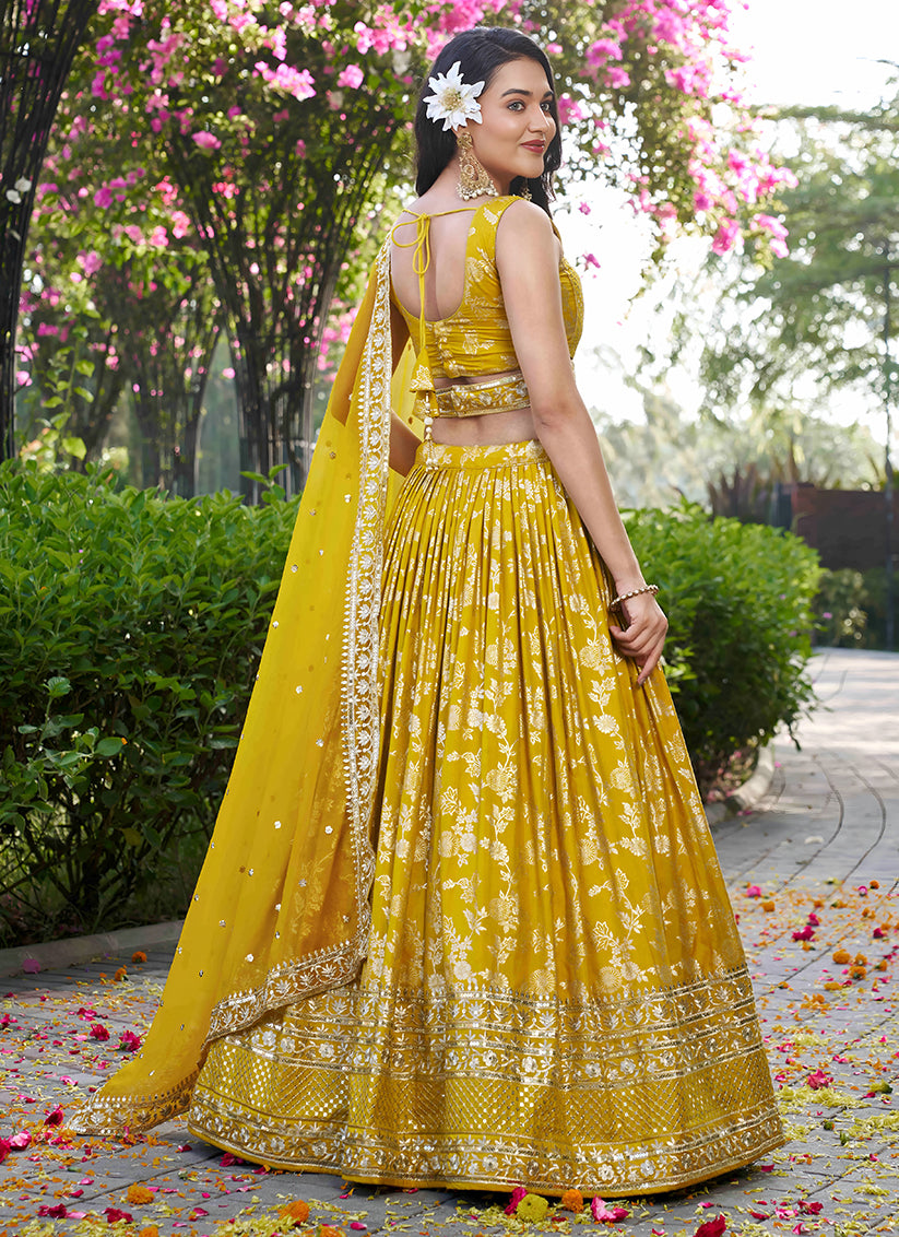 Maize Yellow Zari Dola Silk Jacquard Embroidered Wedding Lehenga Choli Set