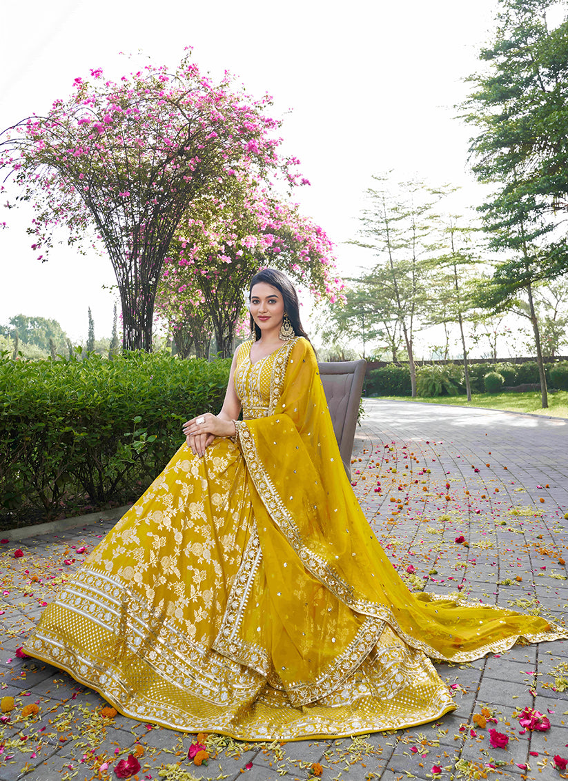 Maize Yellow Zari Dola Silk Jacquard Embroidered Wedding Lehenga Choli Set