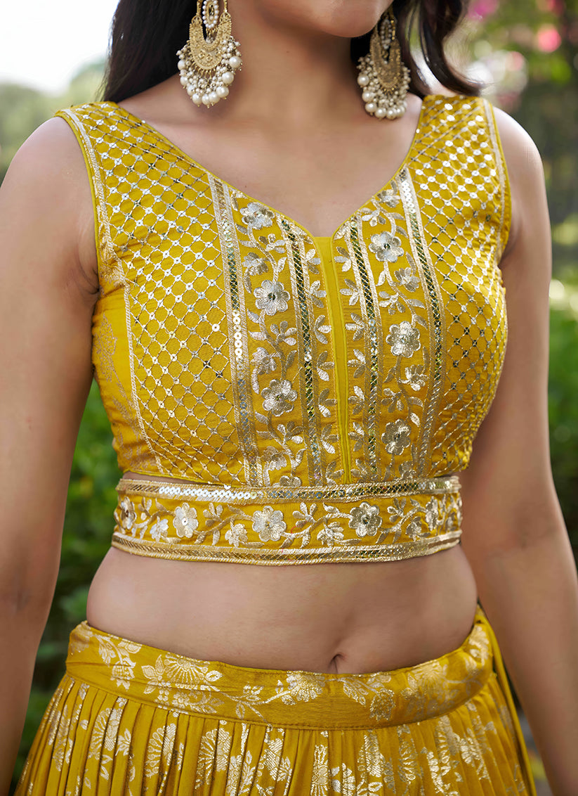 Maize Yellow Zari Dola Silk Jacquard Embroidered Wedding Lehenga Choli Set