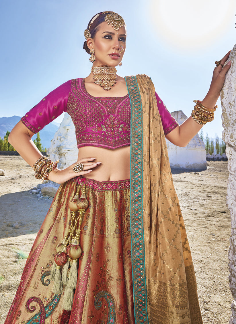 Beige Wedding Wear Banarasi Silk Jacquard Lehenga Choli Set