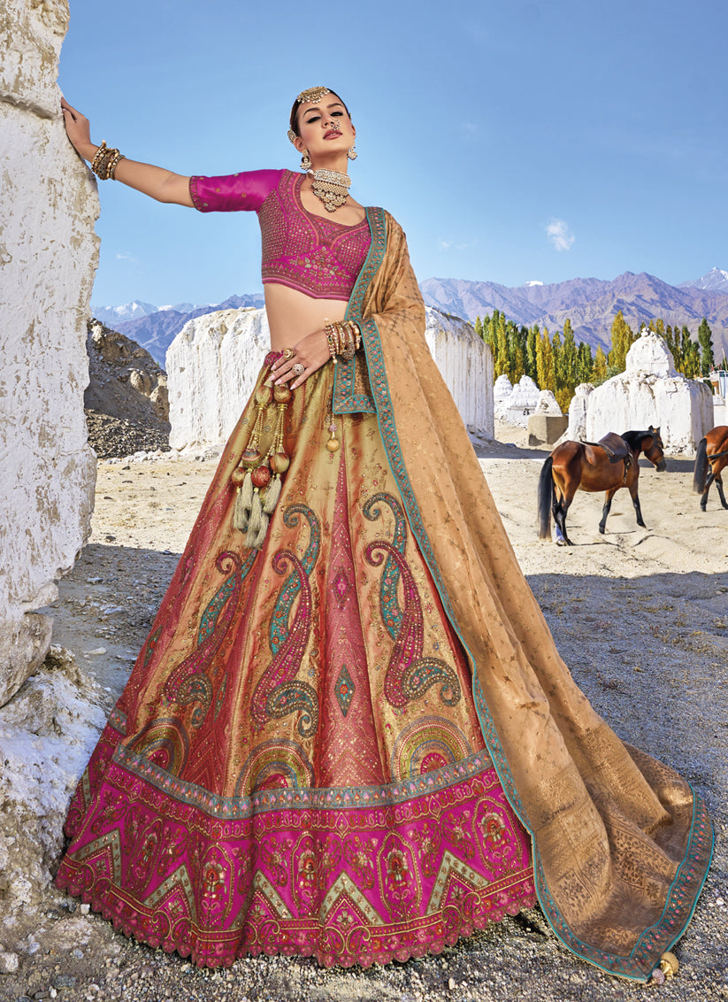 Beige Wedding Wear Banarasi Silk Jacquard Lehenga Choli Set