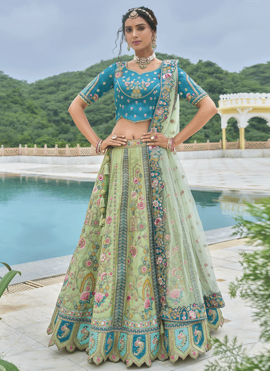 Mint Green Heavy Embroidered Silk Designer Lehenga Choli