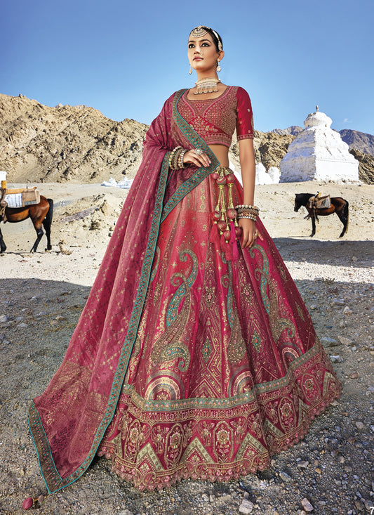 Raspberry Pink Wedding Wear Banarasi Silk Jacquard Lehenga Choli Set
