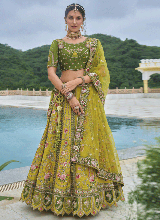 Lime Yellow Heavy Embroidered Silk Designer Lehenga Choli