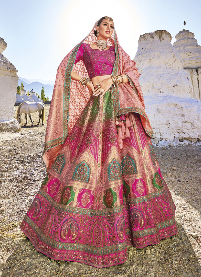 Rani Pink Wedding Wear Banarasi Silk Jacquard Lehenga Choli Set