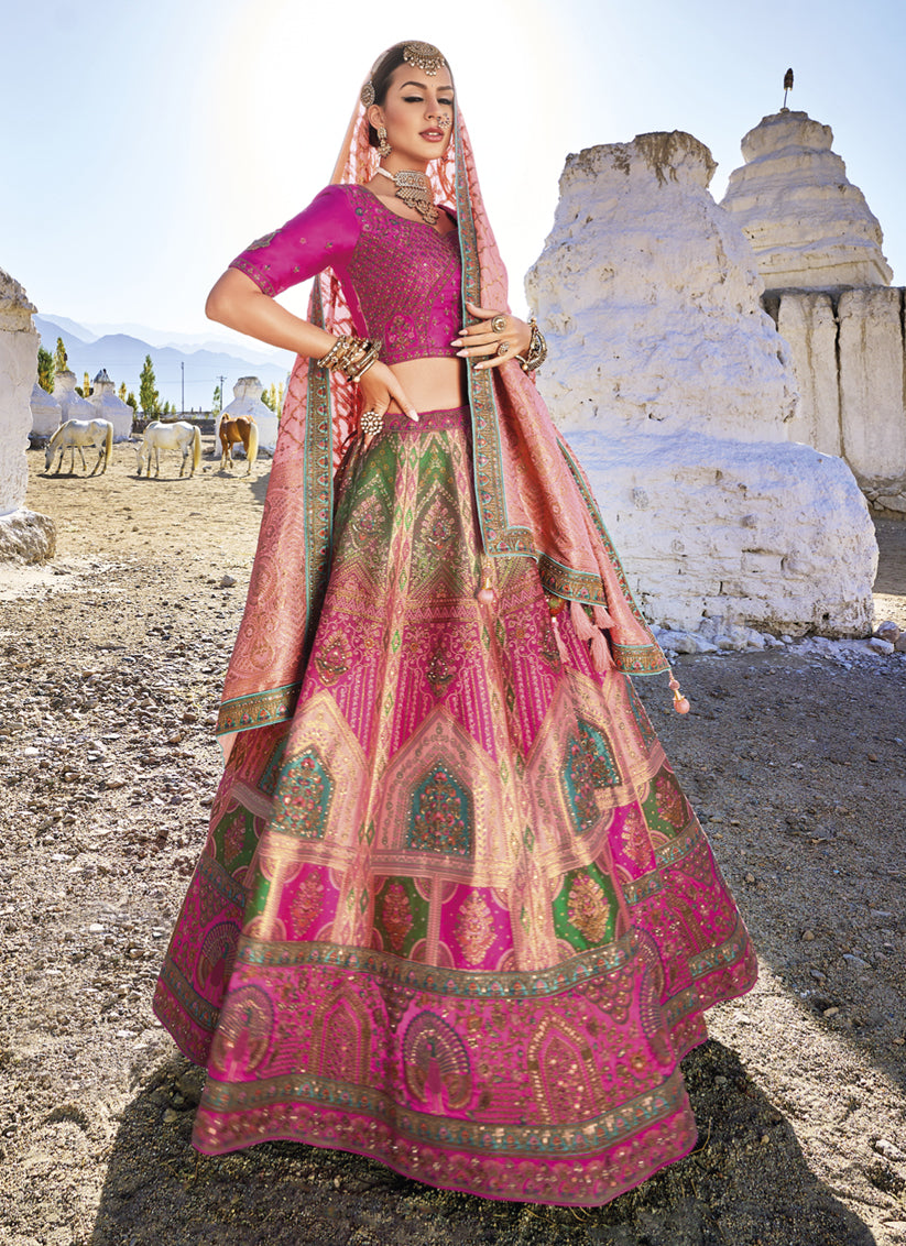 Rani Pink Wedding Wear Banarasi Silk Jacquard Lehenga Choli Set