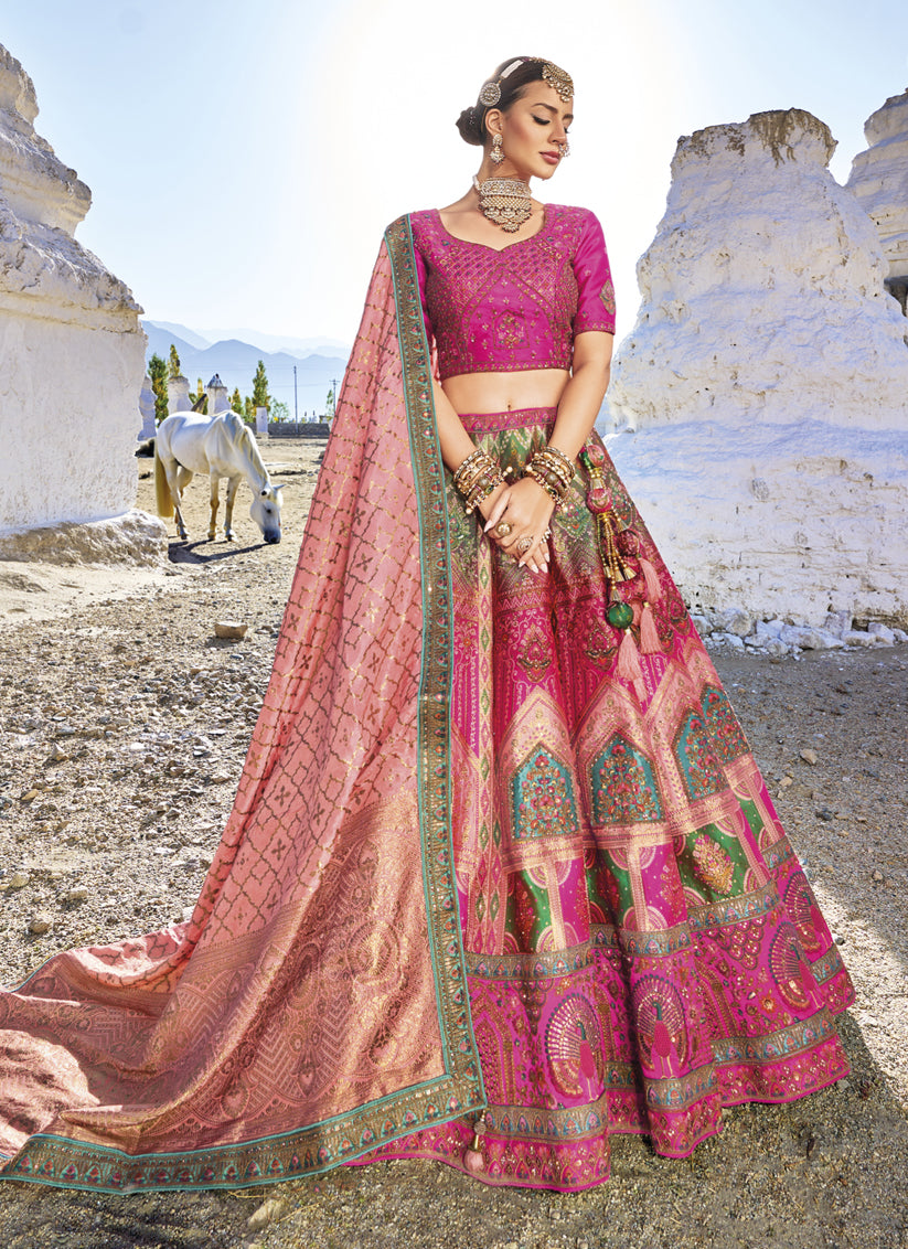 Rani Pink Wedding Wear Banarasi Silk Jacquard Lehenga Choli Set