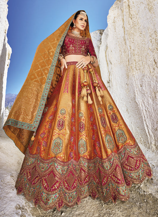 Rust Orange Wedding Wear Banarasi Silk Jacquard Lehenga Choli Set