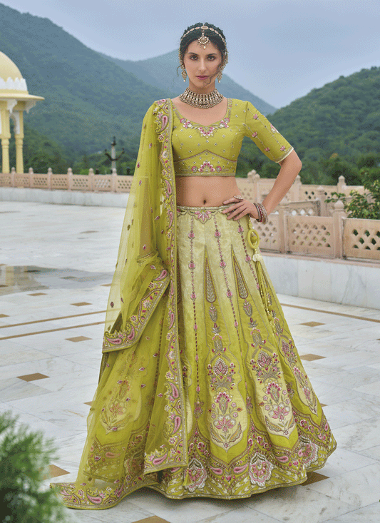 Ombre Green Heavy Embroidered Silk Designer Lehenga Choli