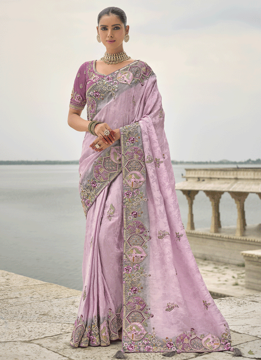 Lilac Pink Pure Viscose Handwork Jacquard Saree