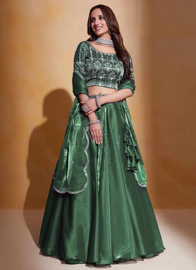 Forest Green Organza Silk Lehenga with Sequined Silk Choli