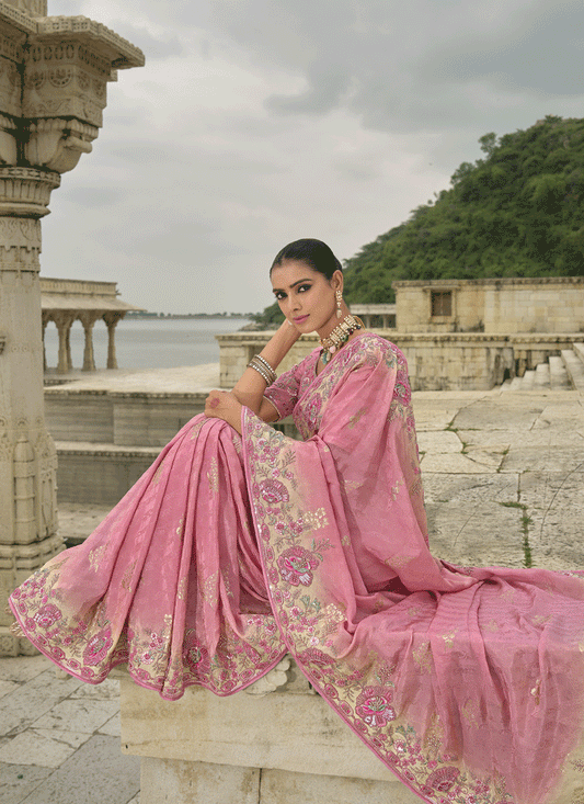 Carnation Pink Pure Viscose Handwork Jacquard Saree