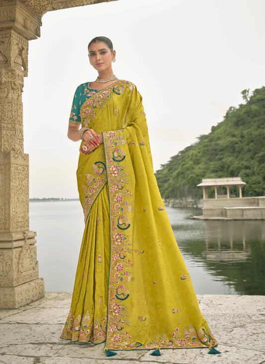 Lime Yellow Pure Viscose Handwork Jacquard Saree