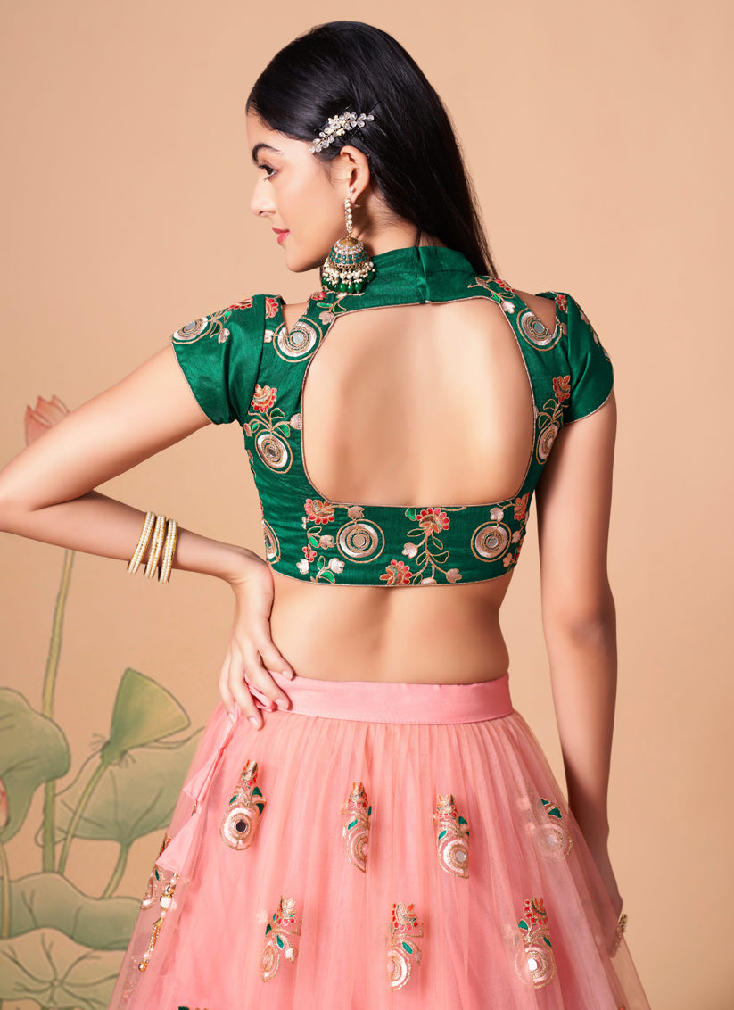 Coral Pink Net Embroidered Designer Lehenga Choli