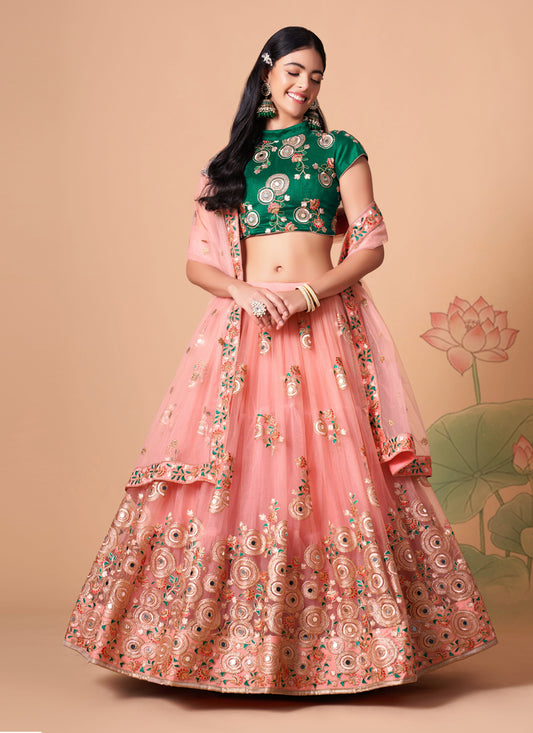 Coral Pink Net Embroidered Designer Lehenga Choli