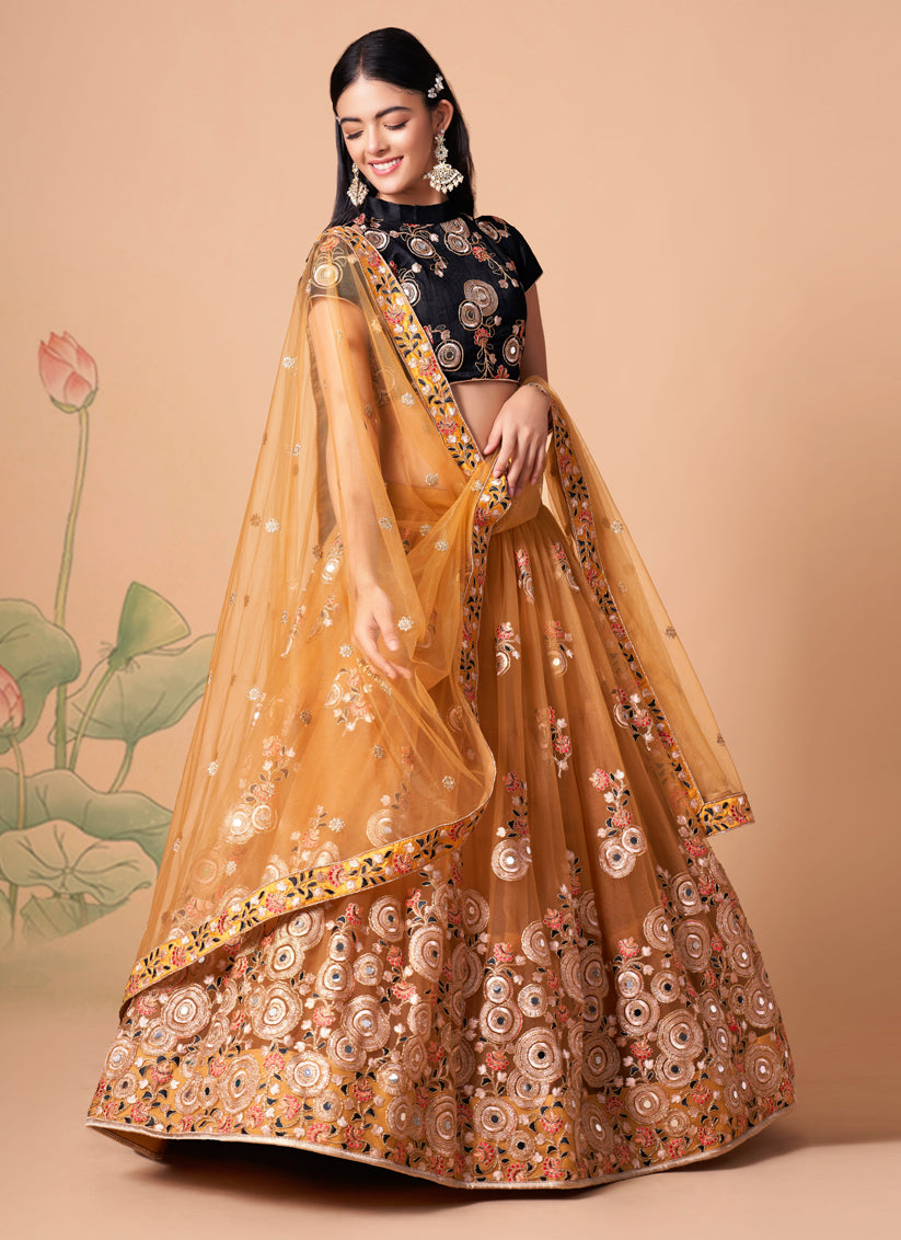 Golden Net Embroidered Designer Lehenga Choli