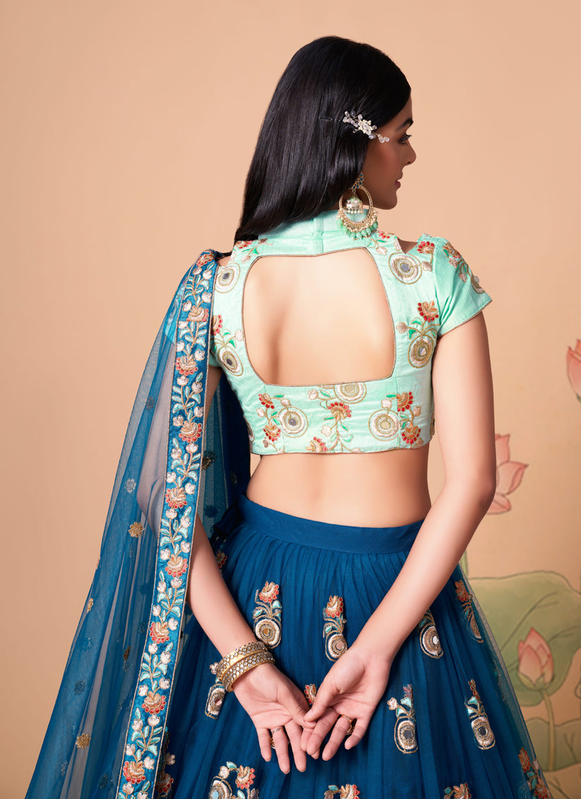 Cobalt Blue Net Embroidered Designer Lehenga Choli