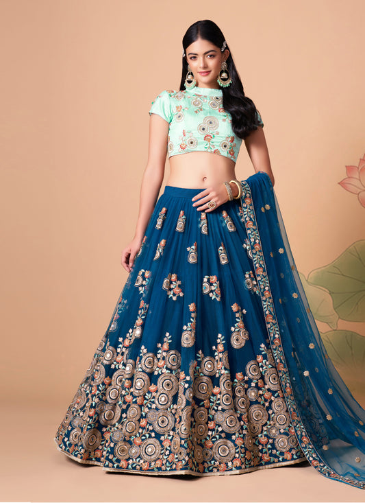 Cobalt Blue Net Embroidered Designer Lehenga Choli