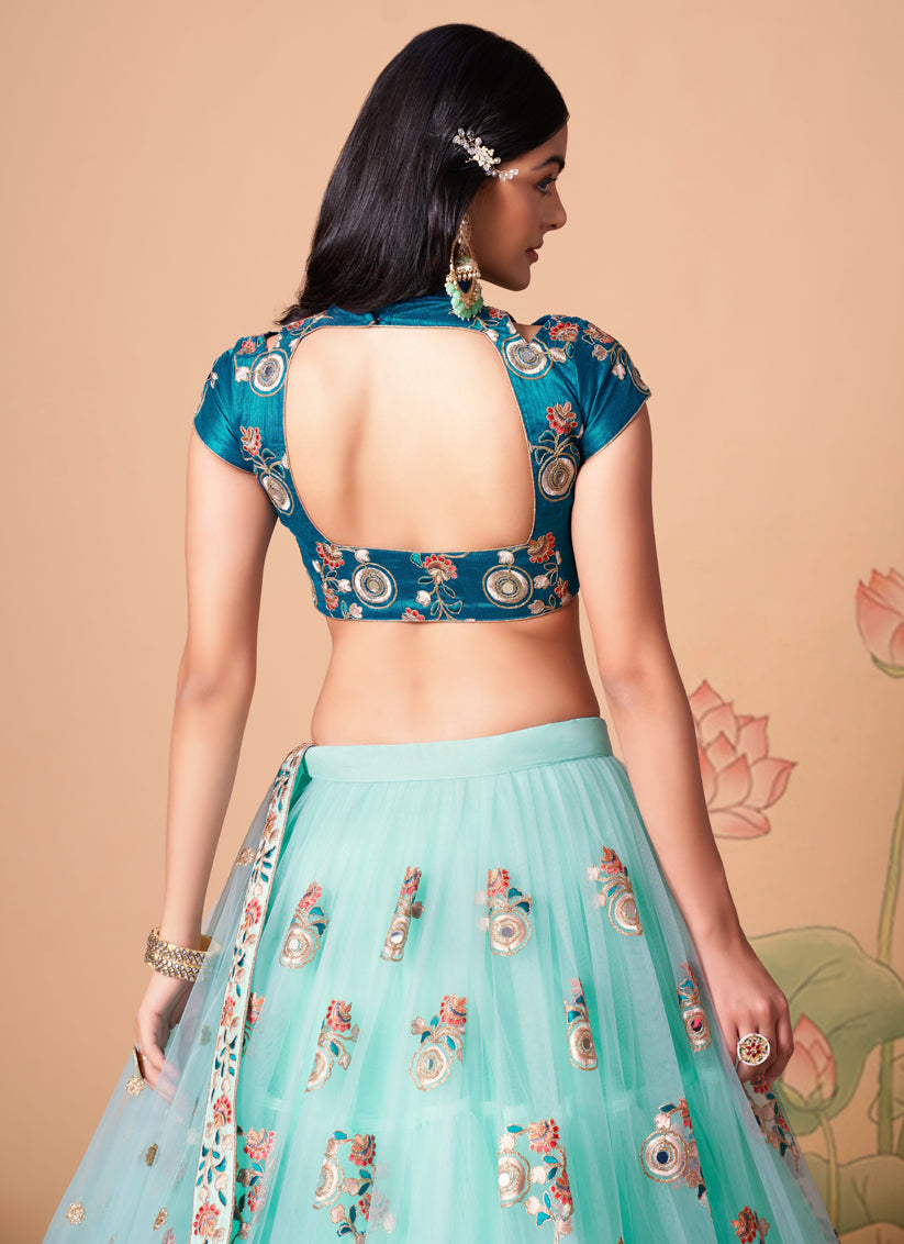 Aqua Blue Net Embroidered Designer Lehenga Choli