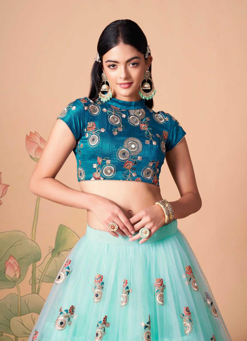 Aqua Blue Net Embroidered Designer Lehenga Choli