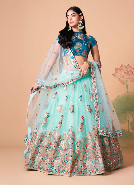 Aqua Blue Net Embroidered Designer Lehenga Choli