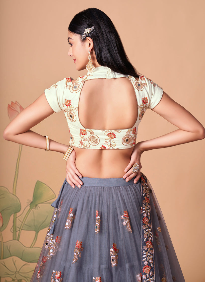 Stone Grey Net Embroidered Designer Lehenga Choli