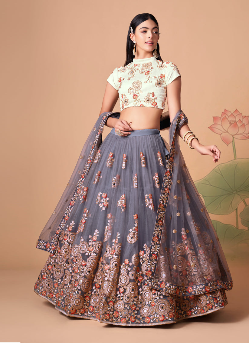 Stone Grey Net Embroidered Designer Lehenga Choli