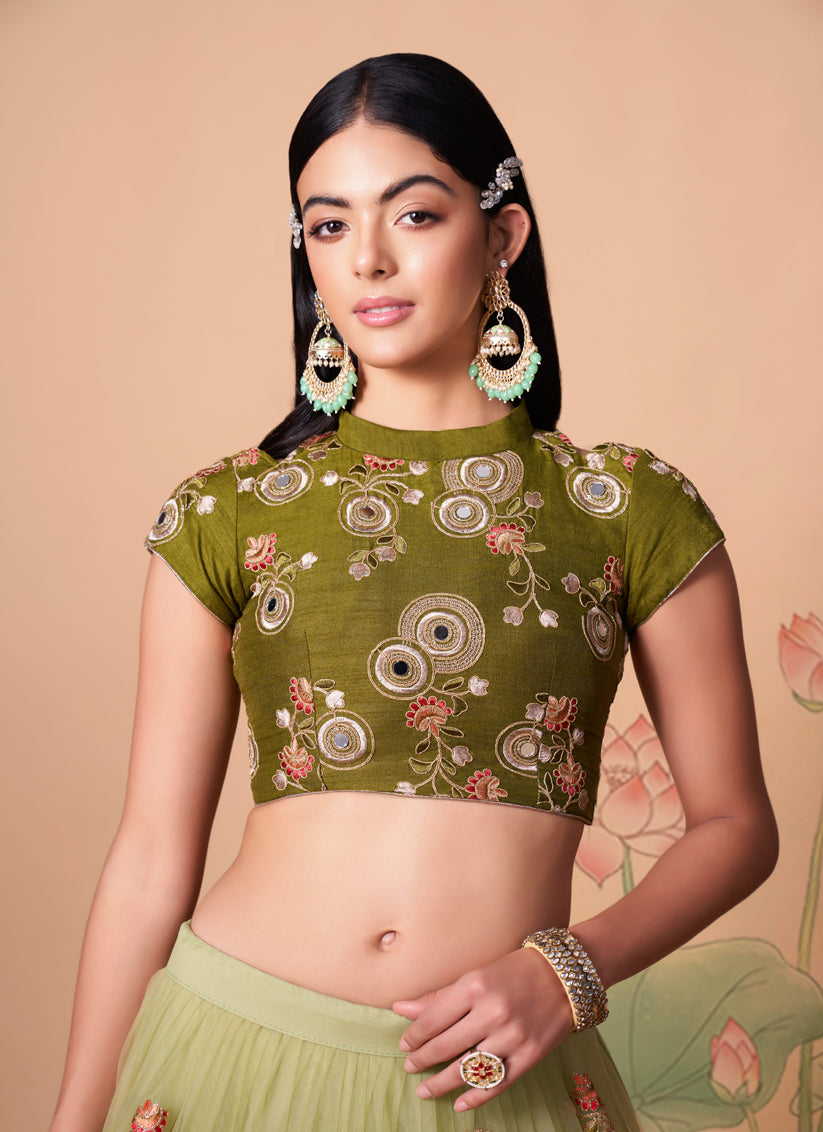 Pastel Green Net Embroidered Designer Lehenga Choli