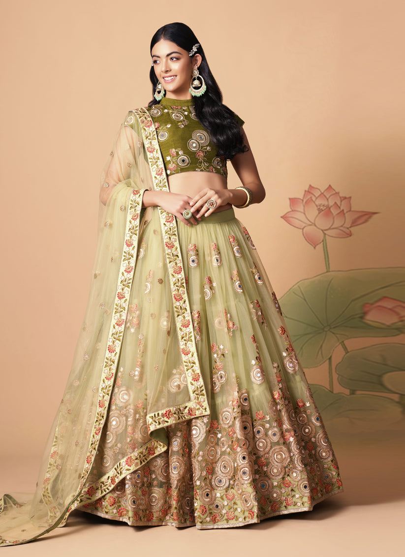 Pastel Green Net Embroidered Designer Lehenga Choli