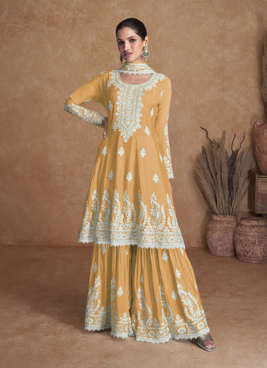 Yellow Silk Embroidered Designer Palazzo Kameez