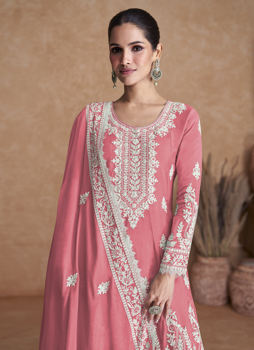 Punch Pink Silk Embroidered Designer Palazzo Kameez