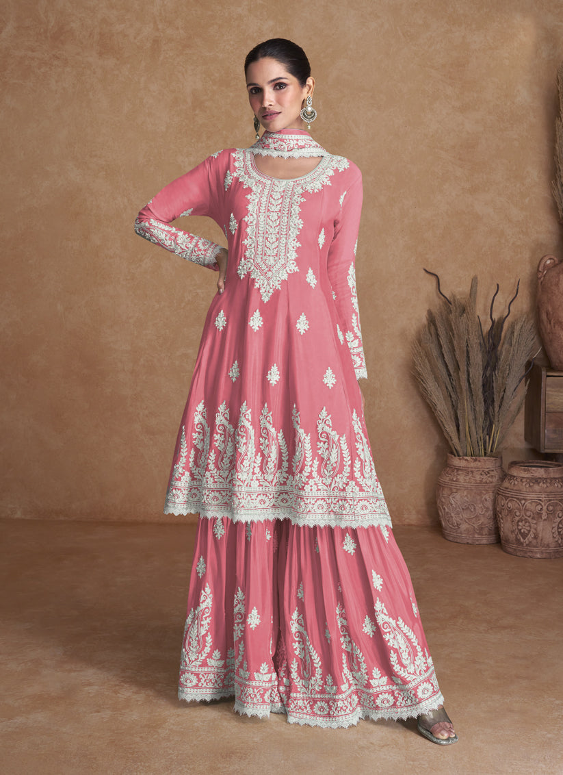 Punch Pink Silk Embroidered Designer Palazzo Kameez