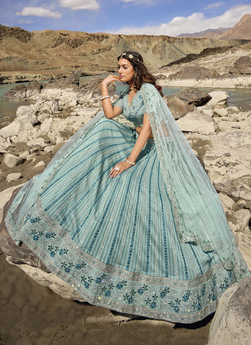 Mint Blue Heavy Designer Lehenga Choli Set