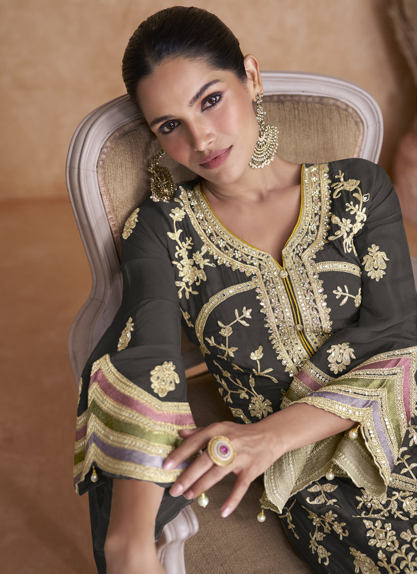 Dusty Black Chinnon Embroidered Trouser Kameez