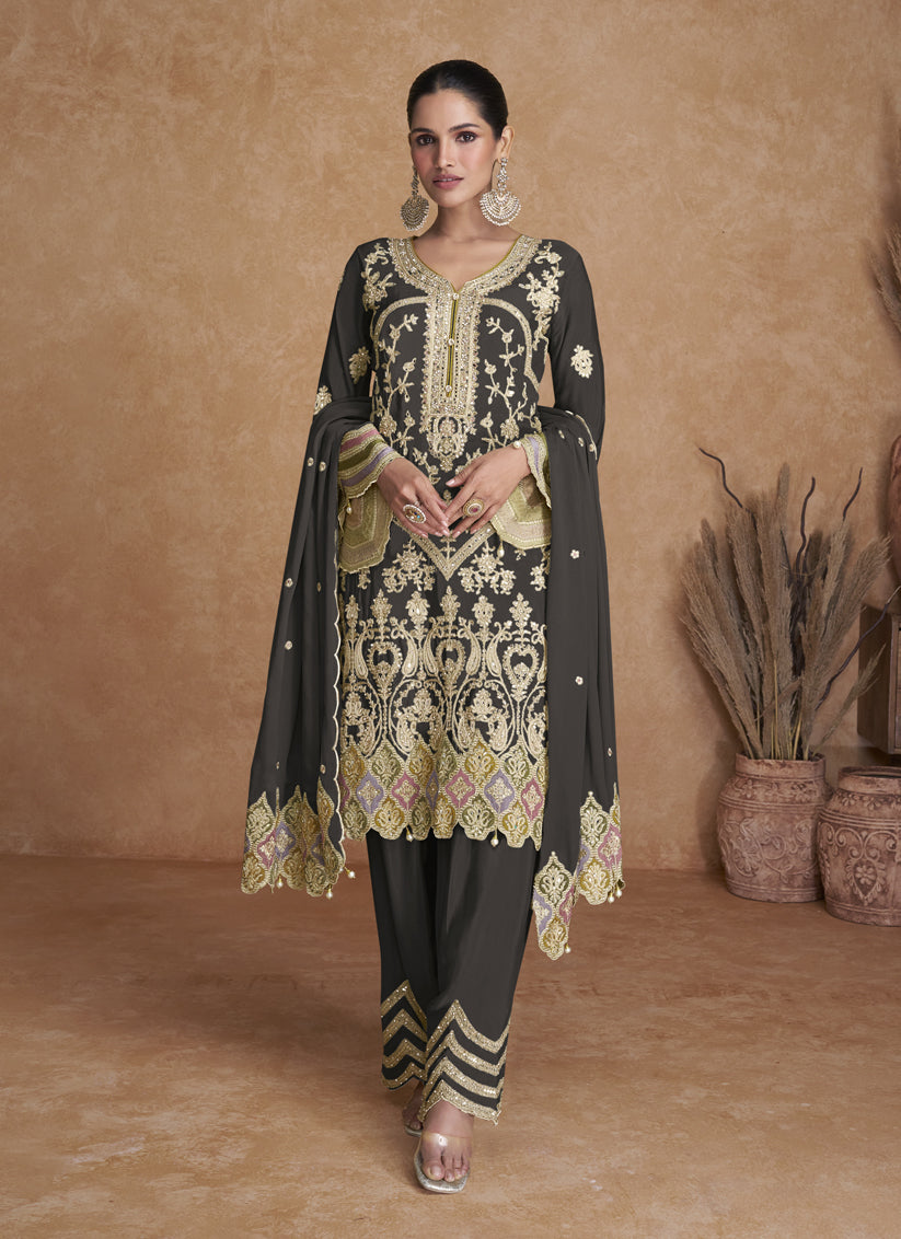 Dusty Black Chinnon Embroidered Trouser Kameez